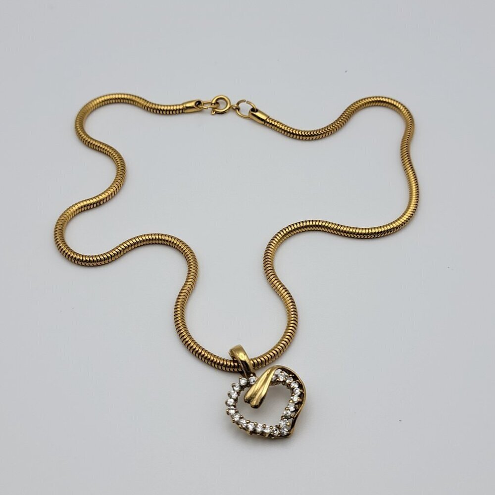 Vtg. Gold Plated CZ Heart Pendant Necklace 18 In Spring Ring Clasp Snake Chain - Picture 3 of 10
